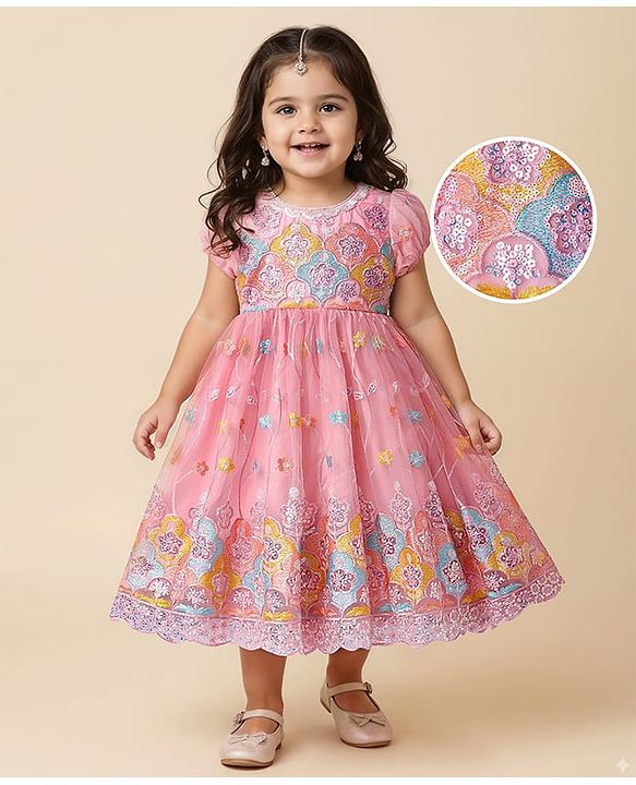 Babyhug Woven Half Puff Sleeves Ethnic Dress With Floral & Sequin Embroidery - Pink