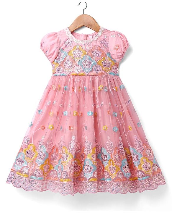 Babyhug Woven Half Puff Sleeves Ethnic Dress With Floral & Sequin Embroidery - Pink