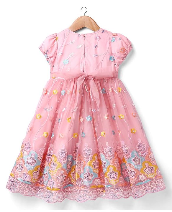 Babyhug Woven Half Puff Sleeves Ethnic Dress With Floral & Sequin Embroidery - Pink