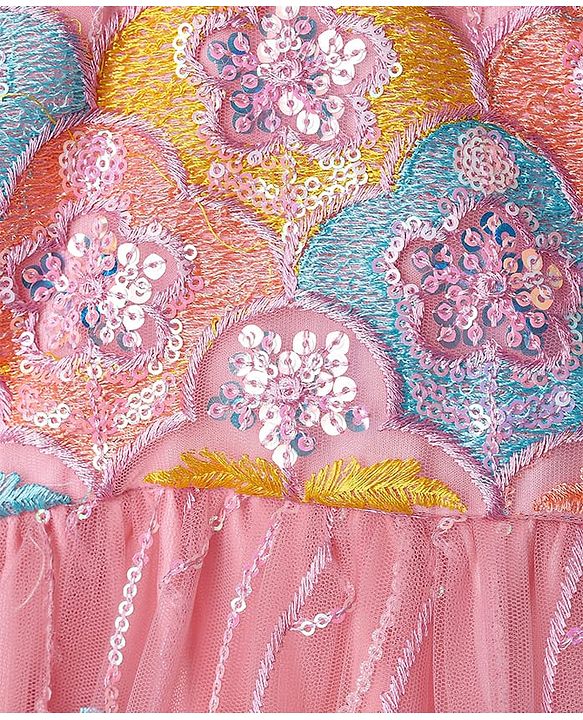 Babyhug Woven Half Puff Sleeves Ethnic Dress With Floral & Sequin Embroidery - Pink