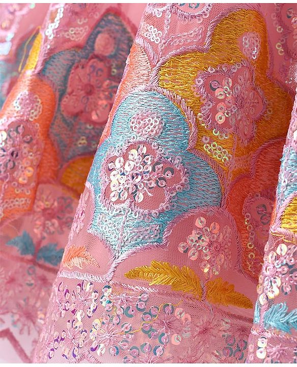 Babyhug Woven Half Puff Sleeves Ethnic Dress With Floral & Sequin Embroidery - Pink