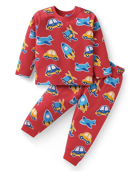 Babyhug Cotton Knit Full Sleeves Aeroplane & Car Printed Night Suit - Red