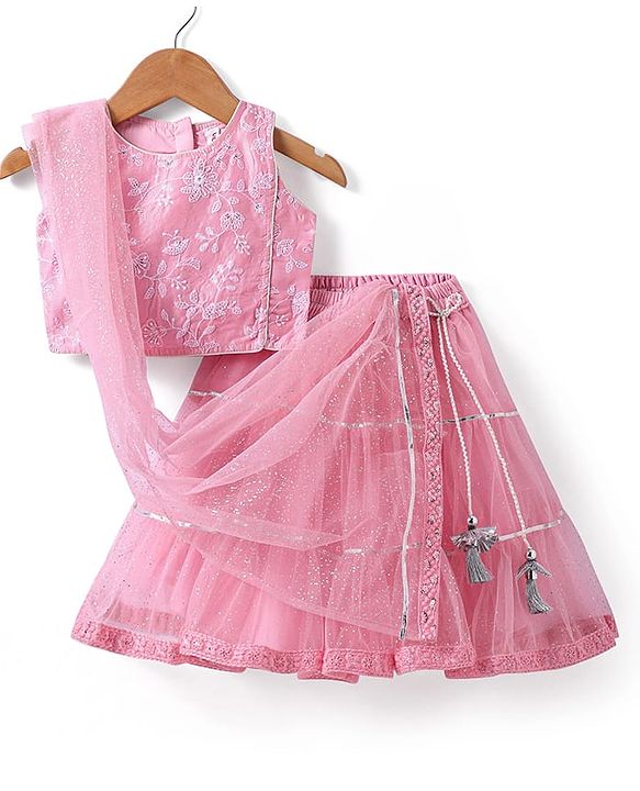 Babyhug  Sleeveless Net Embroidered Lehenga Choli and Dupatta Set- Pink