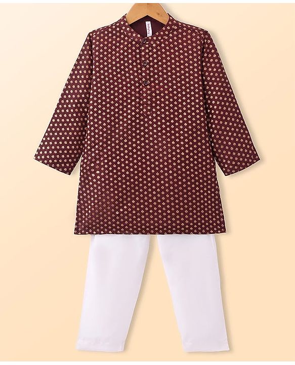 Babyhug Cotton Woven Full Sleeves Kurta & Pyjama Set With Floral Foil Print - Wine