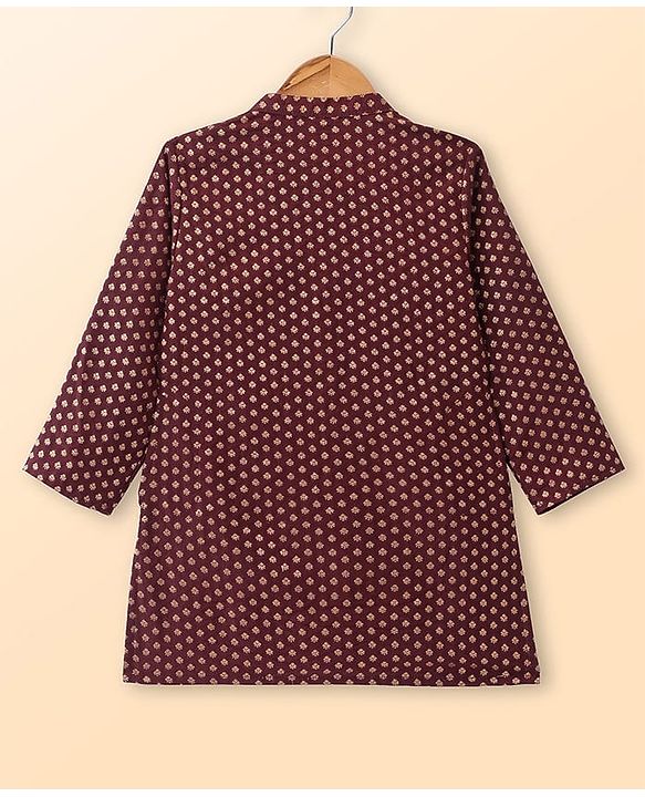 Babyhug Cotton Woven Full Sleeves Kurta & Pyjama Set With Floral Foil Print - Wine