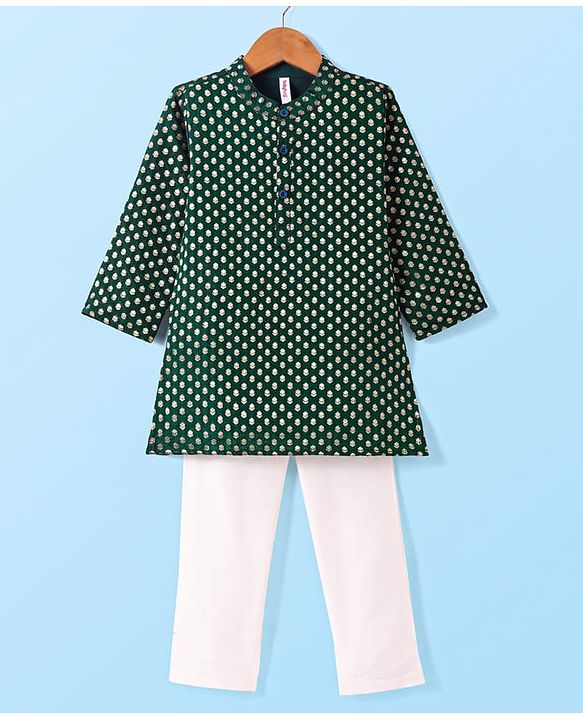 Babyhug Woven Full Sleeves Foil Printed Kurta Pajama Set - Dark Green