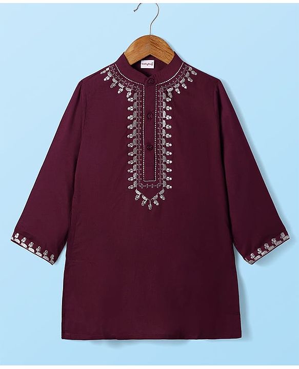 Babyhug Cotton Woven Full Sleeves Kurta Pyjama Set With Floral Embroiderey on Placket - Wine & White