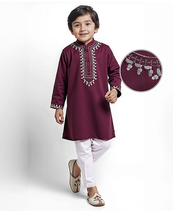 Babyhug Cotton Woven Full Sleeves Kurta Pyjama Set With Floral Embroiderey on Placket - Wine & White