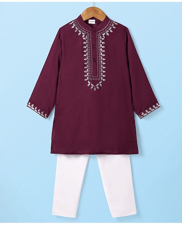Babyhug Cotton Woven Full Sleeves Kurta Pyjama Set With Floral Embroiderey on Placket - Wine & White