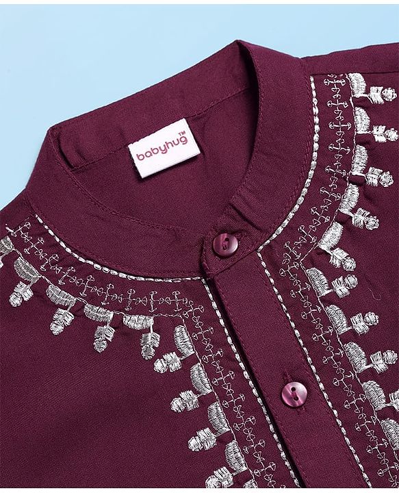 Babyhug Cotton Woven Full Sleeves Kurta Pyjama Set With Floral Embroiderey on Placket - Wine & White