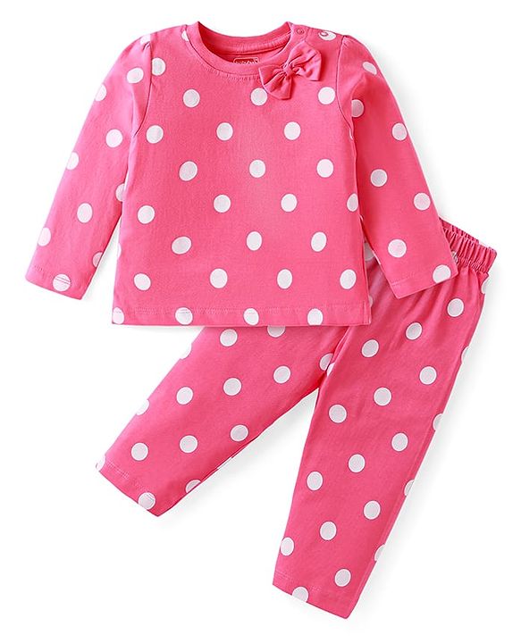 Babyhug Cotton Knit Full Sleeves Night Suit With Bow & Polka Dots Print - Dark Pink