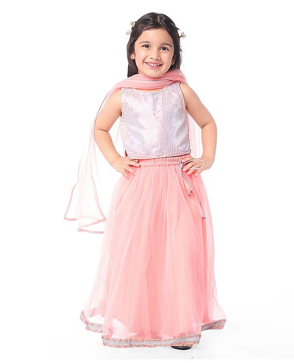 Babyhug Woven Sleeveless Sequined  Choli Lehenga & Dupatta Set- Pink