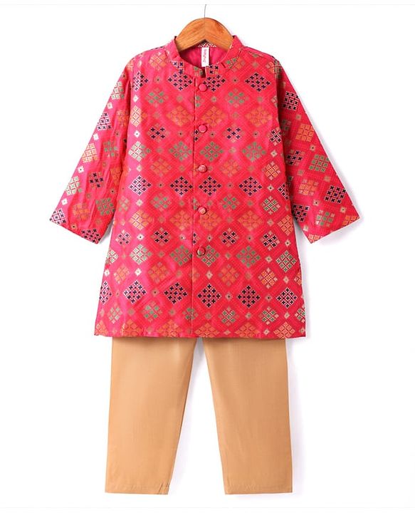 Babyhug Cotton Woven Full Sleeves Kurta Pyjama Set With Hand Block Print - Dark Pink