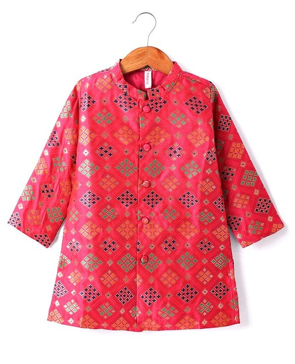 Babyhug Cotton Woven Full Sleeves Kurta Pyjama Set With Hand Block Print - Dark Pink