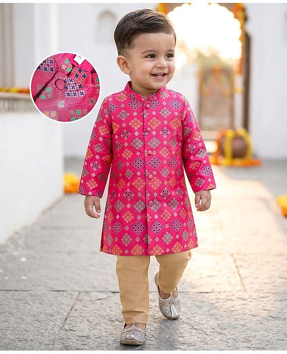 Babyhug Cotton Woven Full Sleeves Front Open Foil Printed Pyjama Kurta Set - Dark Pink