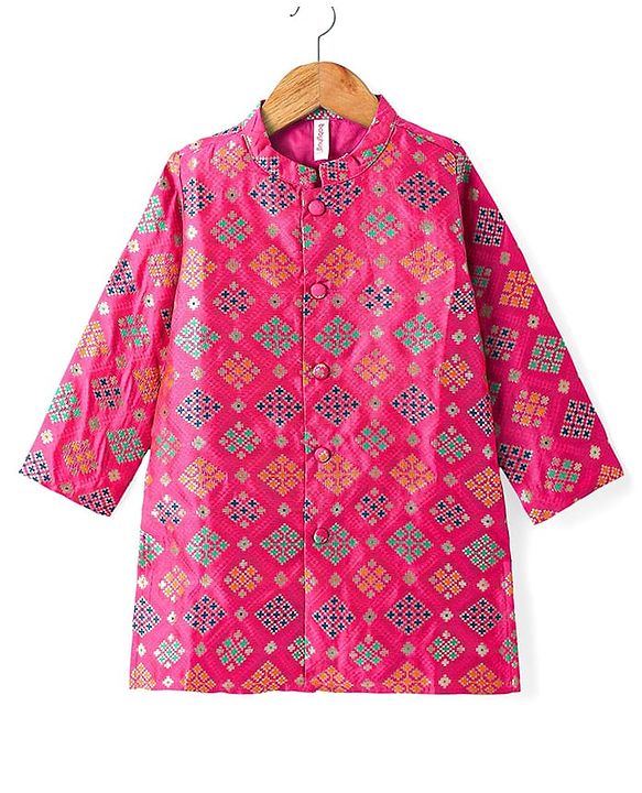 Babyhug Cotton Woven Full Sleeves Front Open Foil Printed Pyjama Kurta Set - Dark Pink