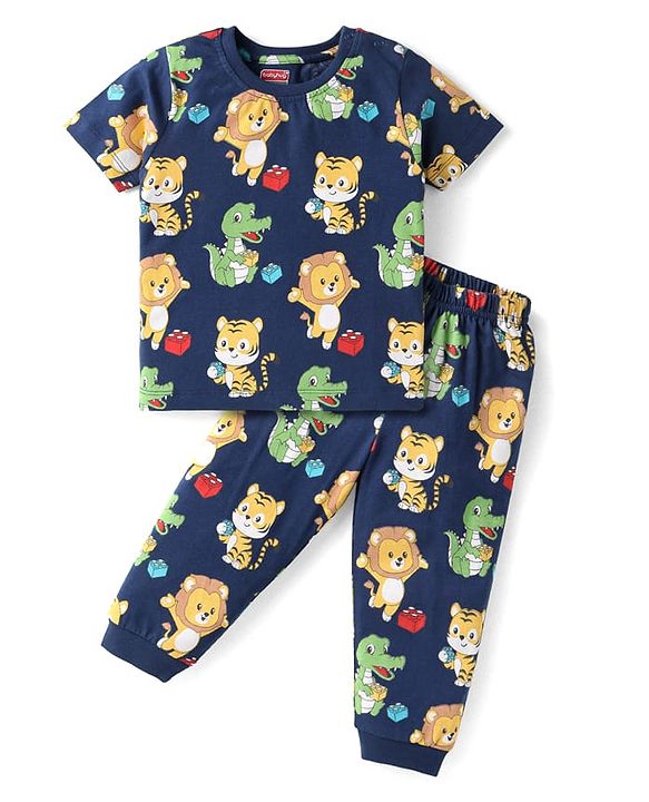 Babyhug Cotton Knit Half Sleeves Night Suit With Animals Print - Navy