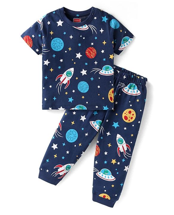 Babyhug Cotton Knit Half Sleeves Night Suit With Space Theme Print - Navy
