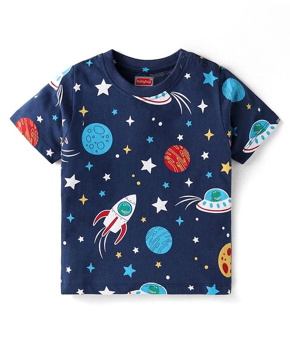 Babyhug Cotton Knit Half Sleeves Night Suit With Space Theme Print - Navy