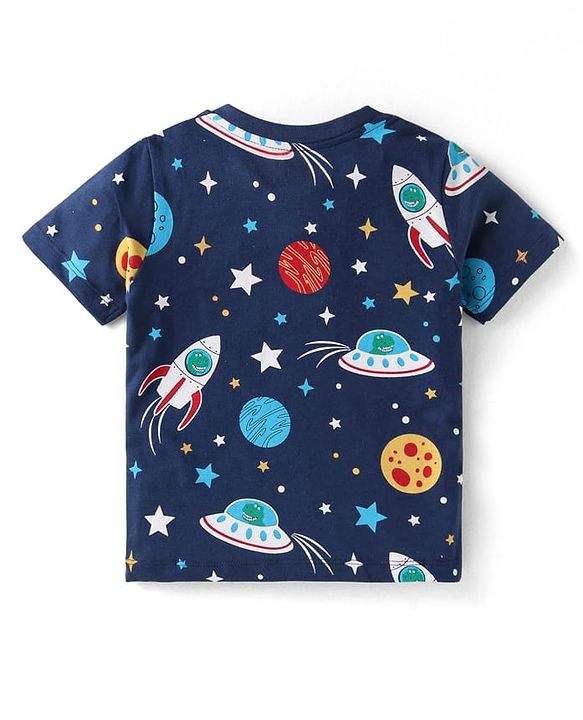 Babyhug Cotton Knit Half Sleeves Night Suit With Space Theme Print - Navy