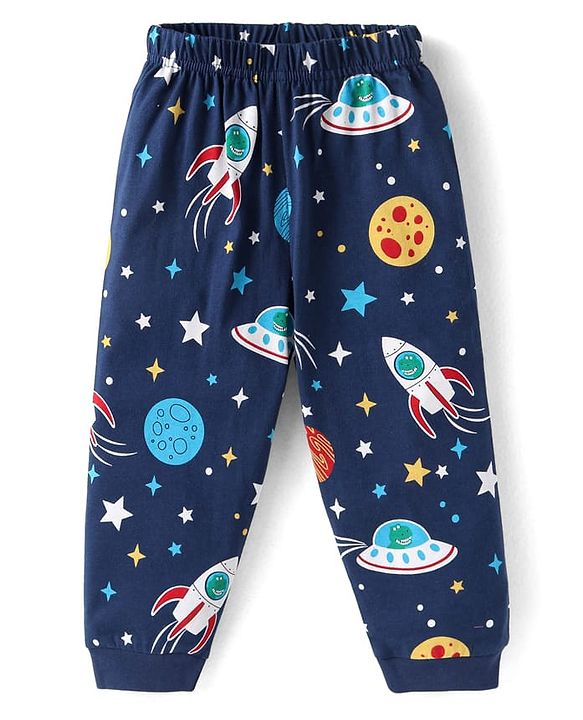Babyhug Cotton Knit Half Sleeves Night Suit With Space Theme Print - Navy