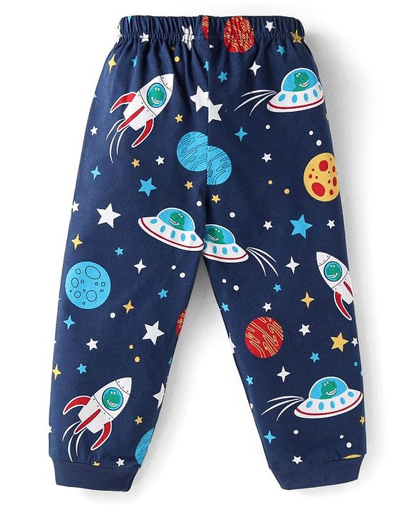 Babyhug Cotton Knit Half Sleeves Night Suit With Space Theme Print - Navy