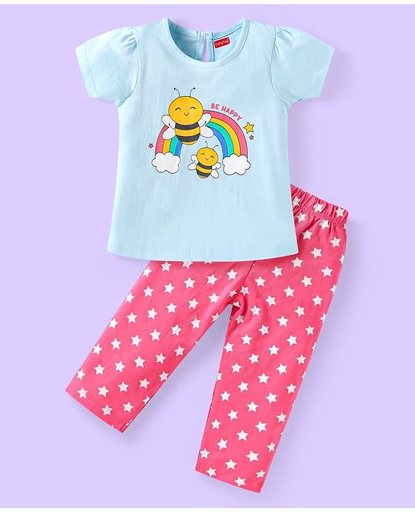 Babyhug Cotton Knit Half Sleeves Night Suit With Stars & Bees Print - Sky Blue & Pink