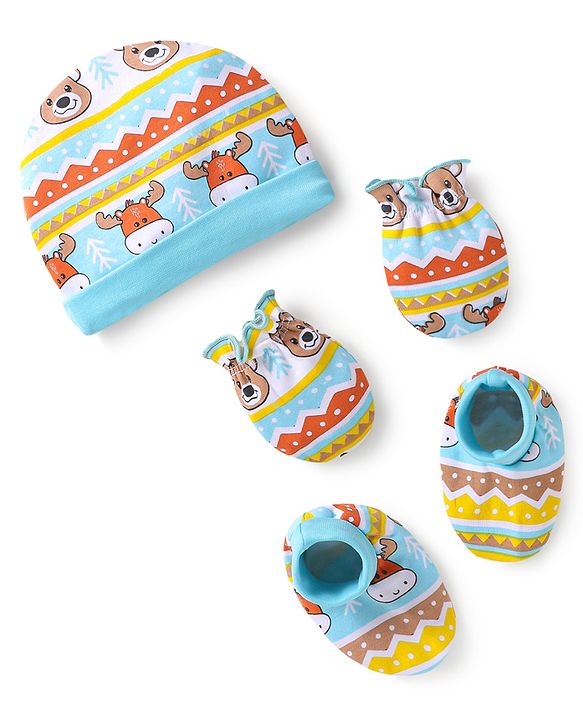 Babyhug 100% Cotton Knit Cap Mittens & Booties With Animal Print Multicolor - Diameter 9 cm
