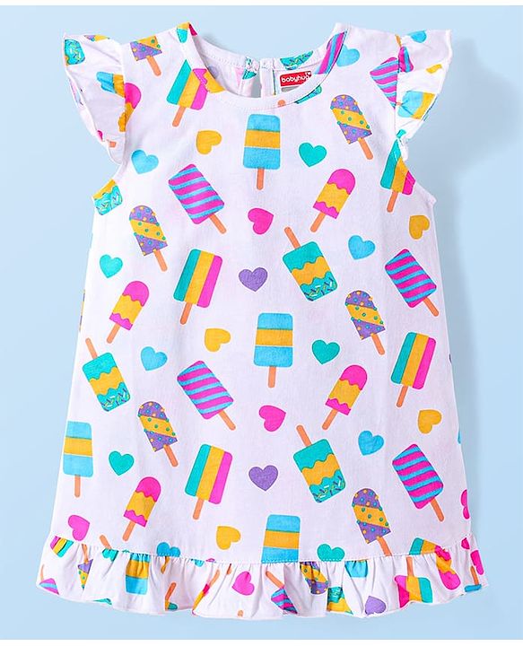 Babyhug Cotton Knit Frill Sleeves Ice Cream Printed Nighty - White
