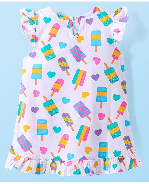 Babyhug Cotton Knit Frill Sleeves Ice Cream Printed Nighty - White