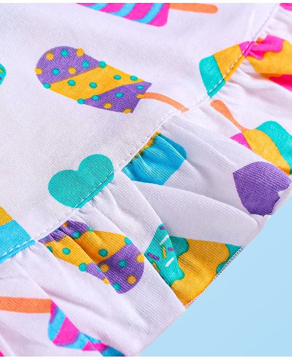 Babyhug Cotton Knit Frill Sleeves Ice Cream Printed Nighty - White