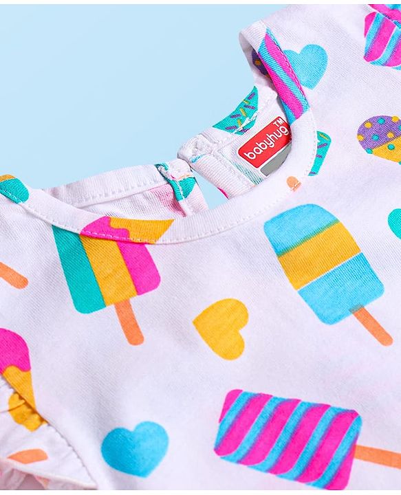 Babyhug Cotton Knit Frill Sleeves Ice Cream Printed Nighty - White