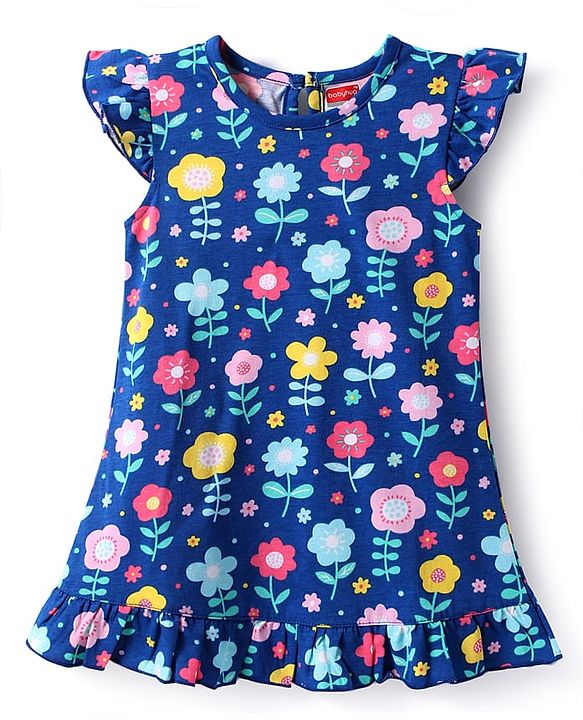 Babyhug Velour Knit Cap Sleeves Floral Printed Nighty with Frill Detailing - Navy Blue
