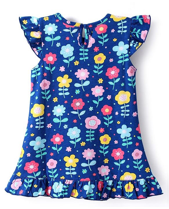 Babyhug Velour Knit Cap Sleeves Floral Printed Nighty with Frill Detailing - Navy Blue