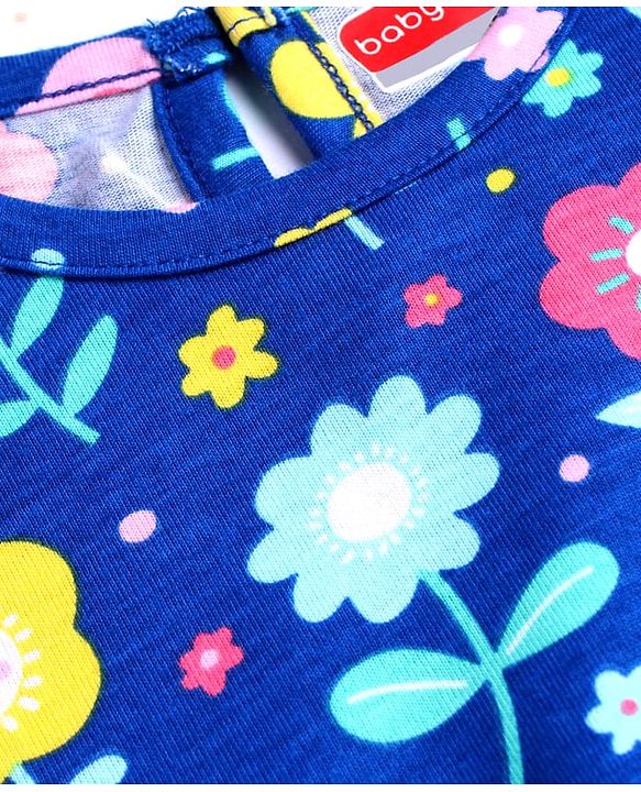 Babyhug Velour Knit Cap Sleeves Floral Printed Nighty with Frill Detailing - Navy Blue