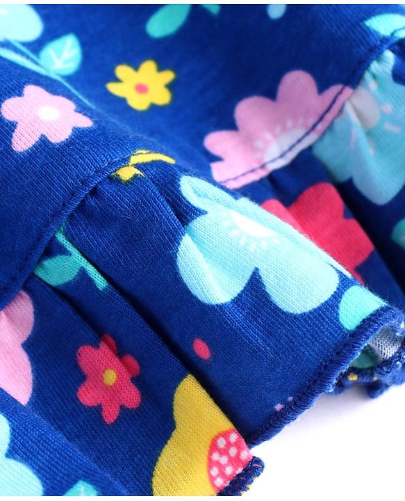 Babyhug Velour Knit Cap Sleeves Floral Printed Nighty with Frill Detailing - Navy Blue