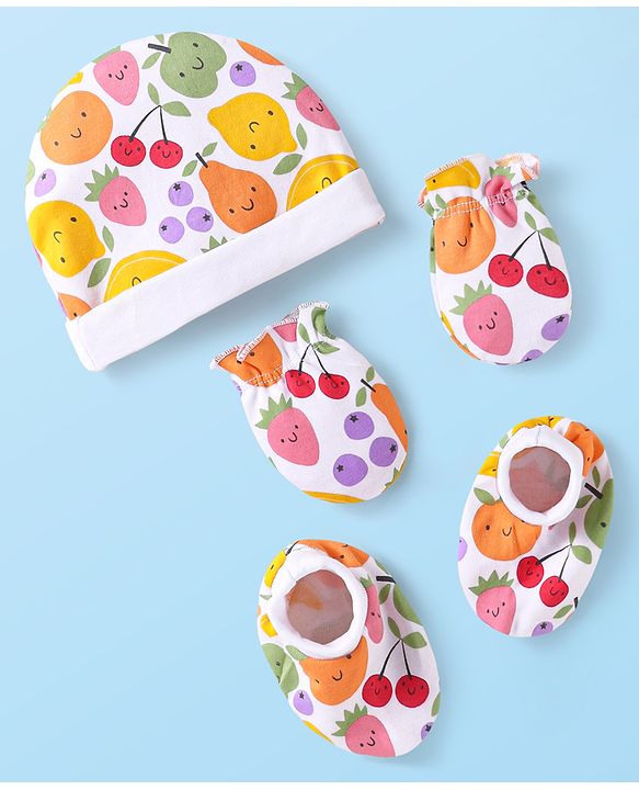 Babyhug 100% Cotton Knit Cap Mittens & Booties With Fruit Print White - Diameter 9 cm
