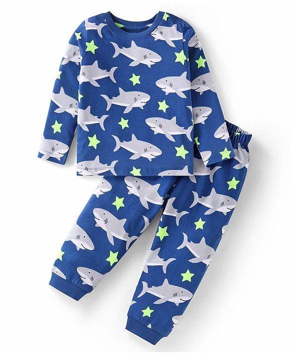 Babyhug Cotton Knit Full Sleeves Night Suit With Shark Print - Navy Blue
