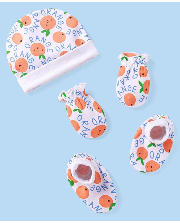 Babyhug 100% Cotton Cap Mittens & Booties Set With Orange Print - White