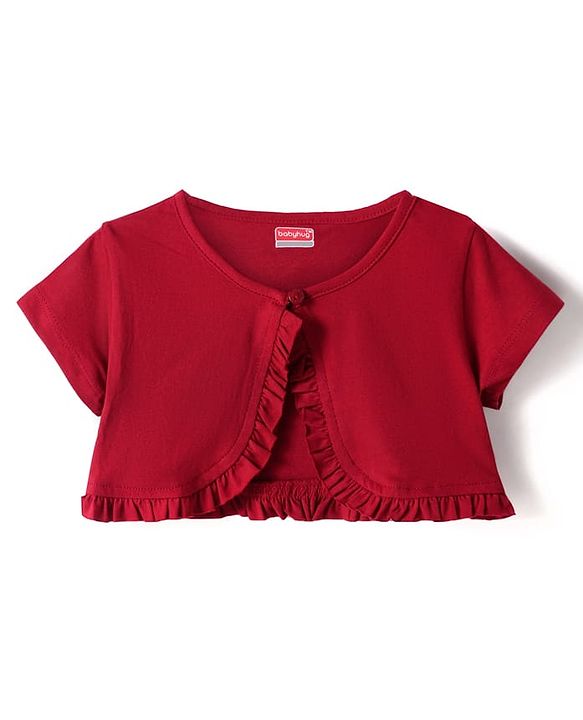 Babyhug Cotton Woven Half Sleeves Shrug with Floral Embroidered Frock - Red & Blue