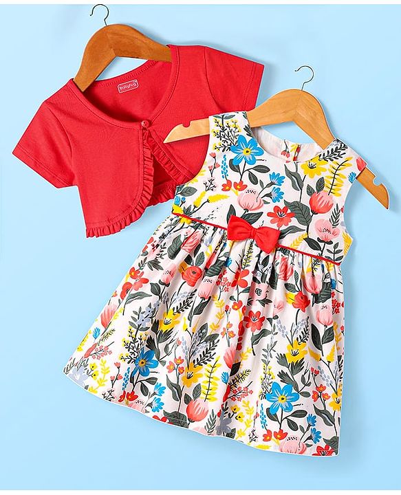 Babyhug Cotton Woven Half Sleeves Shrug & Floral Printed Frock with Bow Applique - Red & White