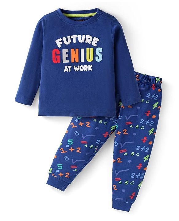 Babyhug Cotton Knit Full Sleeves Text Printed Night Suit - Blue