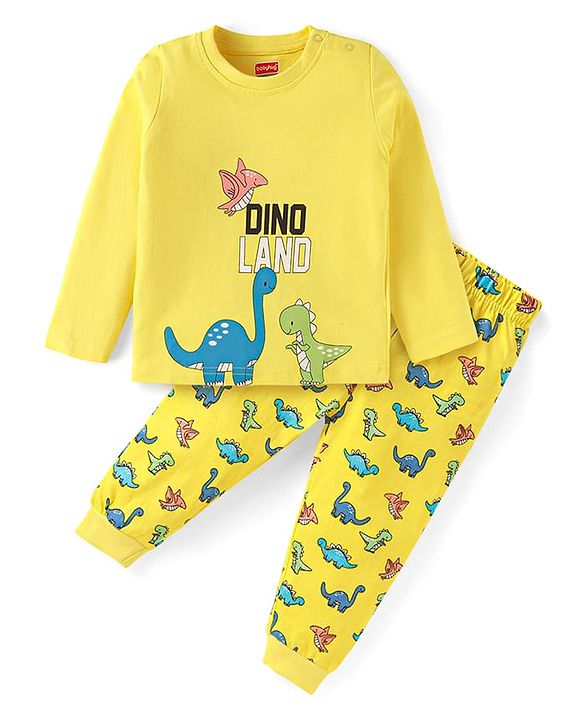 Babyhug Cotton Knit Full Sleeves Night Suit With Dino Print - Yellow