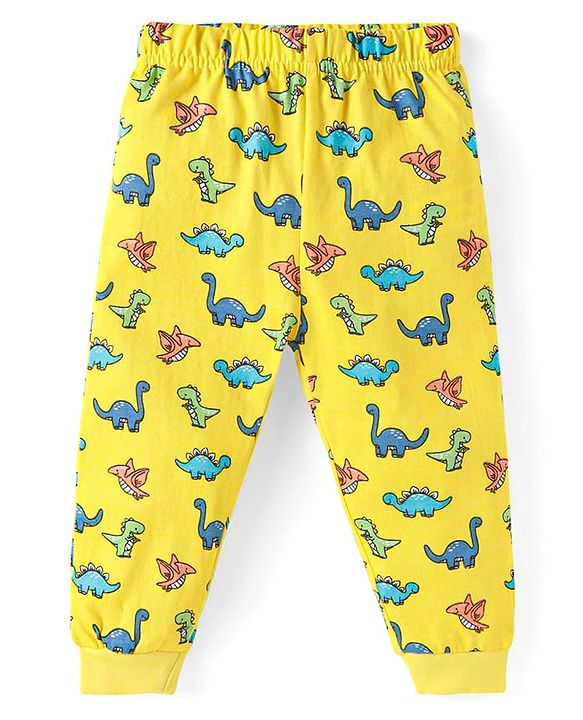 Babyhug Cotton Knit Full Sleeves Night Suit With Dino Print - Yellow