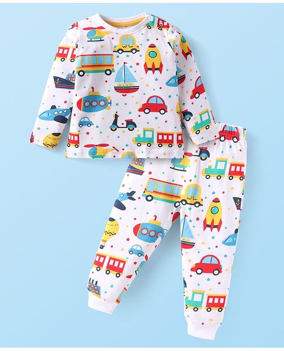 Babyhug Cotton Knit Full Sleeves Night Suit With Vehicles Print - White