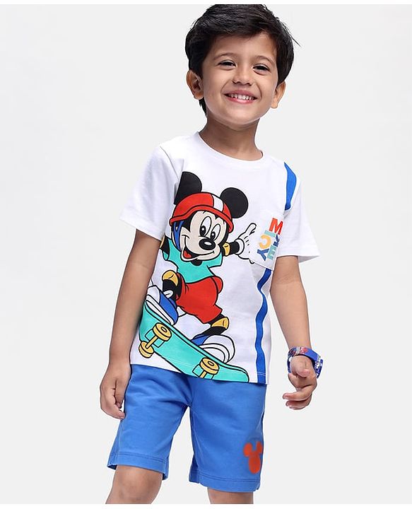 Babyhug Disney Single Jersey Knit Half Sleeves T-Shirt & Shorts Set With Mickey Mouse Graphics  & Patch Detailing - Blue & White