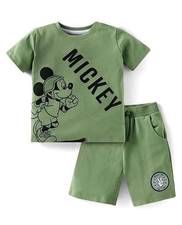 Babyhug Disney Single Jersey Knit Half Sleeves T-Shirt & Shorts Set With Mickey Mouse Graphics - Green