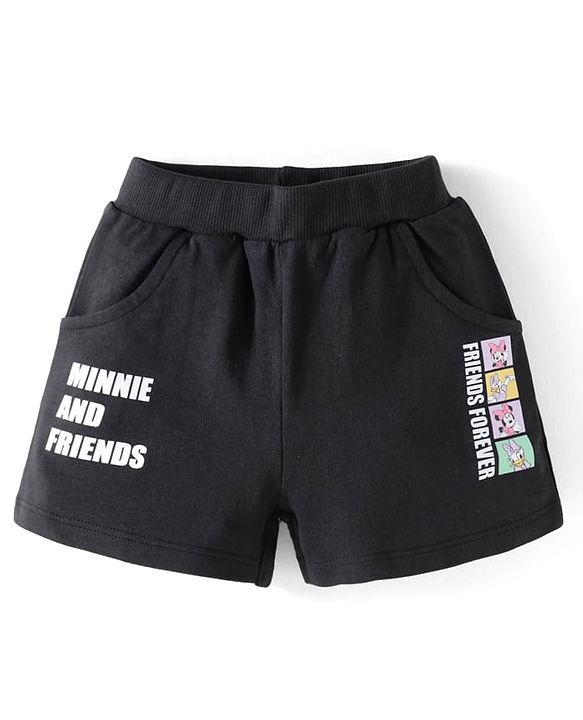 Babyhug Disney Cotton Knit Half Sleeves T-Shirt & Shorts Set With Minnie & Friends Graphics - Black