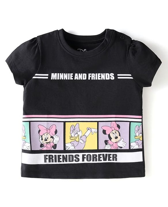Babyhug Disney Cotton Knit Half Sleeves T-Shirt & Shorts Set With Minnie & Friends Graphics - Black