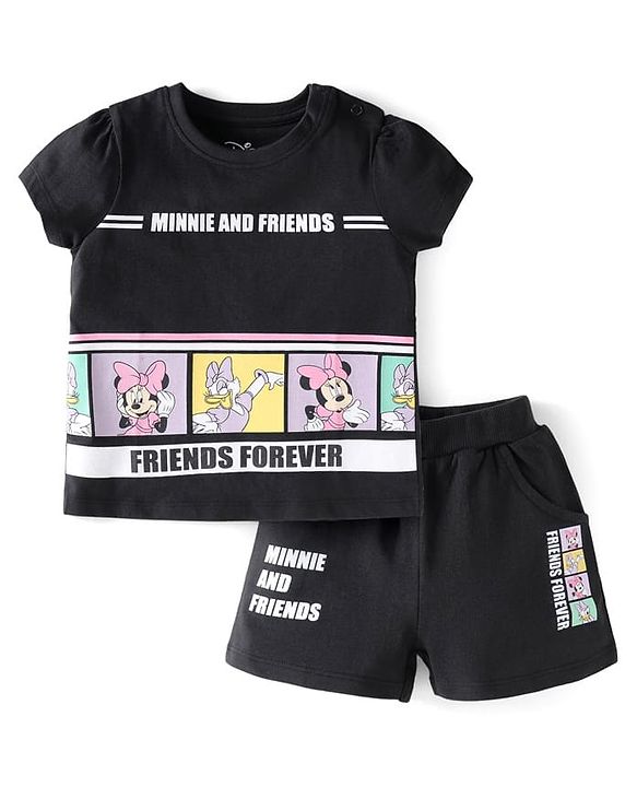 Babyhug Disney Cotton Knit Half Sleeves T-Shirt & Shorts Set With Minnie & Friends Graphics - Black